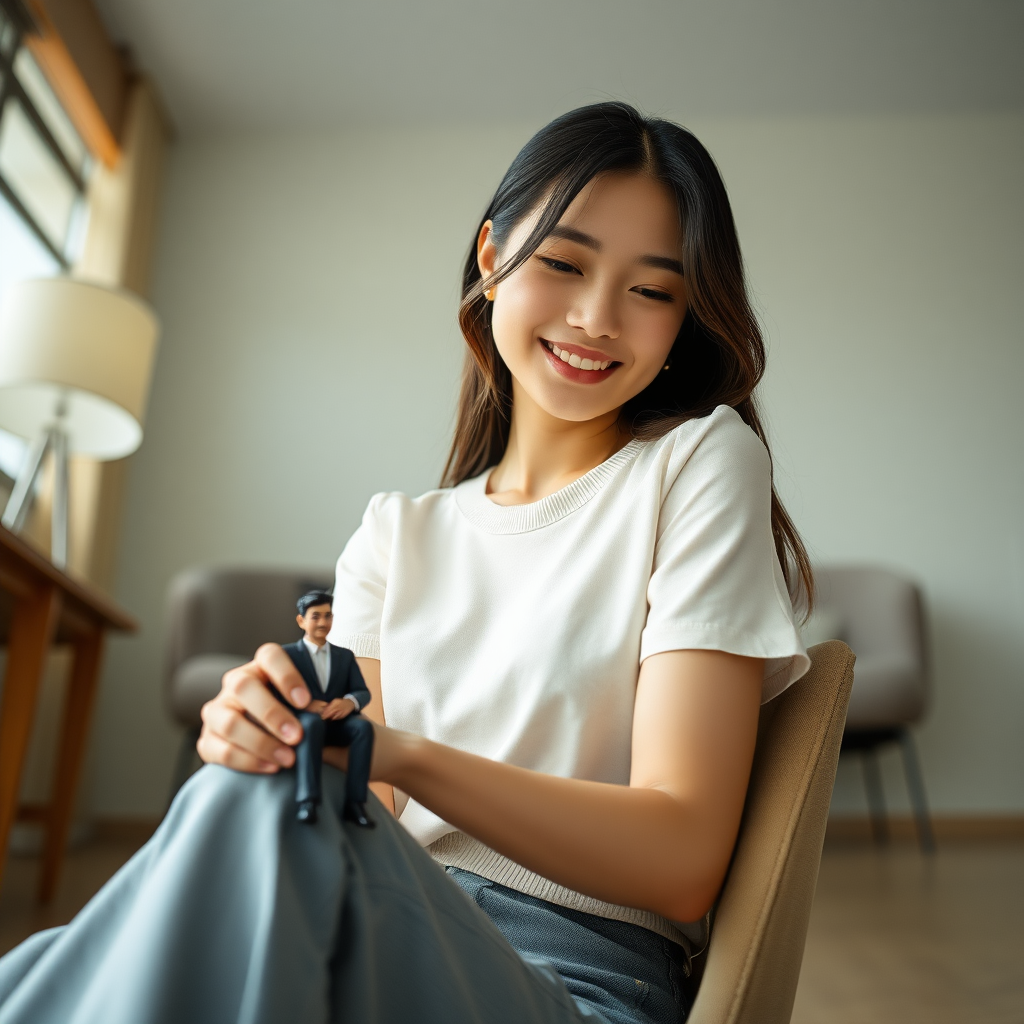 photo low angle full body shot beautiful xiaomeimei looking down. She is sitting on a chair. she is grinning. a 3-inch man sits on the edge of the chair