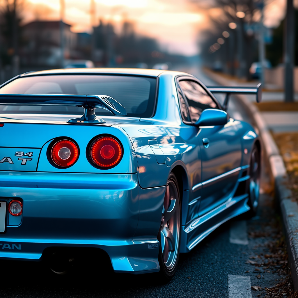 metallic shine nissan skyline r34 the car is parked on the side of the road, inspired by Taiyō Matsumoto, tumblr, restomod, nd4, c4 cold colors