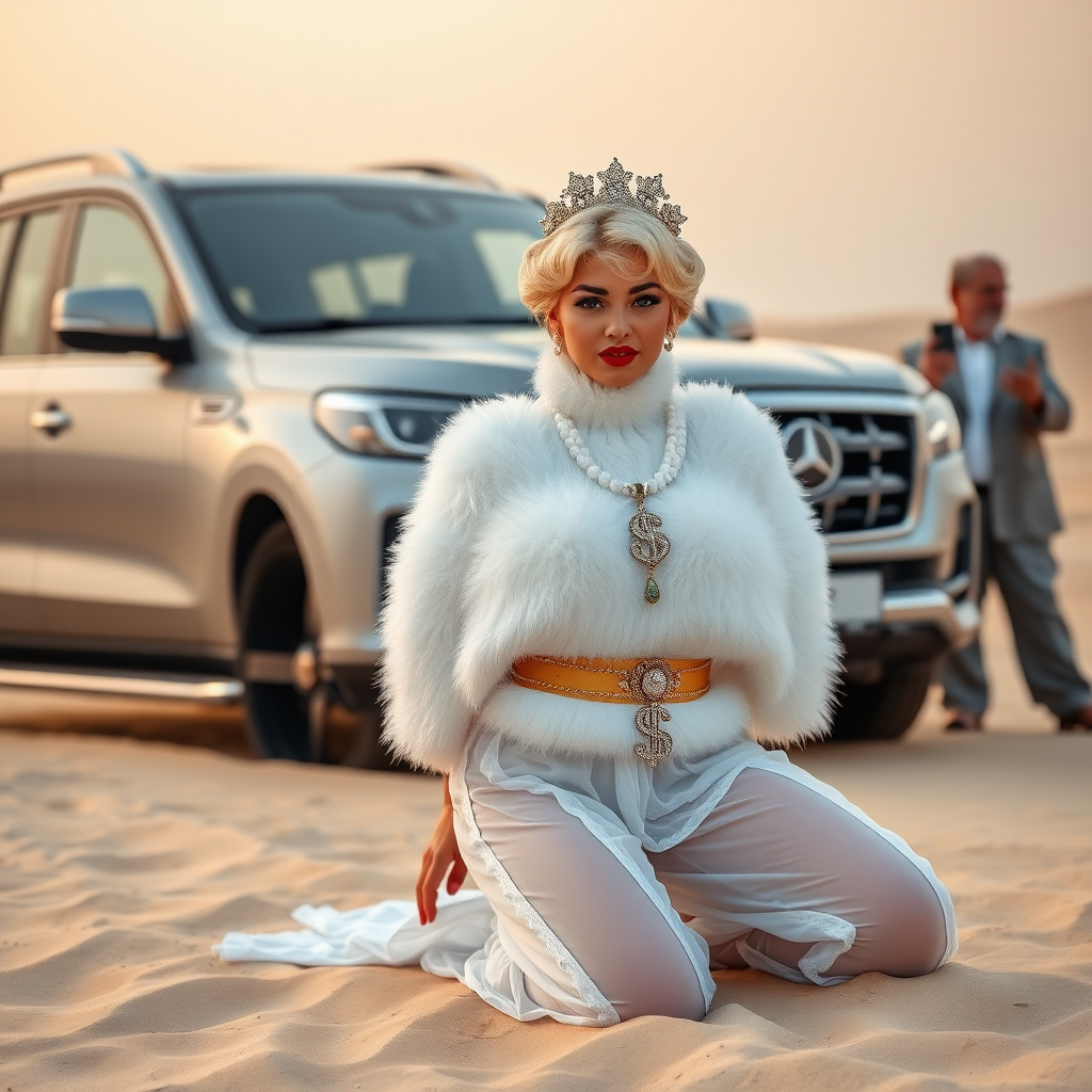 Kuwait desert dunes misty dawn, full size luxury SUV: Melissa, European 17 years old very convincing femboy “trophy-bimbo”, tamed servile docile, very beautiful feminine flawless face, rather short, by hormones very curvaceous womanly figured, platinum blond short tight curls, bold red lips, heavily made-up face, wearing Supertanya-style fluffy very fuzzy bright white angora turtleneck-poncho cropped ending under bust decorated with pearls and gemstones, striking oriental wide gold bridal protection belt, white fully transparent harem pants, full Oriental bridal jewelry with striking headpiece, full Oriental face-jewelry, striking diamond “$$$” letter brooch on left chest, pout frustrated, hands tied behind back, kneeling in sand in front of SUV, looking at camera. Focus on face and turtleneck-poncho. Standing behind leaning against SUV: older overweight mighty sheik laughing taking pictures with mobile phone.