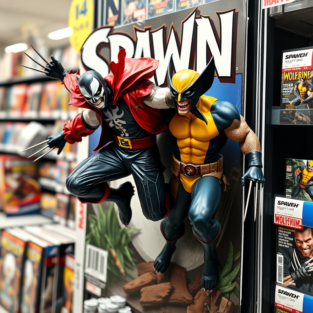 Jumping out of a Comic book cover on a store shelf is Spawn and Wolverine in Cinematic Real3D photo-realistic quality.