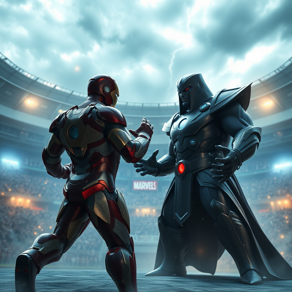 In the center of a vast stadium, Iron Man faces off in a fierce battle with Darkseid. The 3D rendered image is stunningly photorealistic, every detail brought vividly to life. A magical, ethereal glow surrounds the scene, casting intricate dramatic shadows on the combatants beneath a stormy sky. The impeccable quality of the rendering immerses viewers in the epic clash between these legendary figures, creating a truly mesmerizing visual experience.