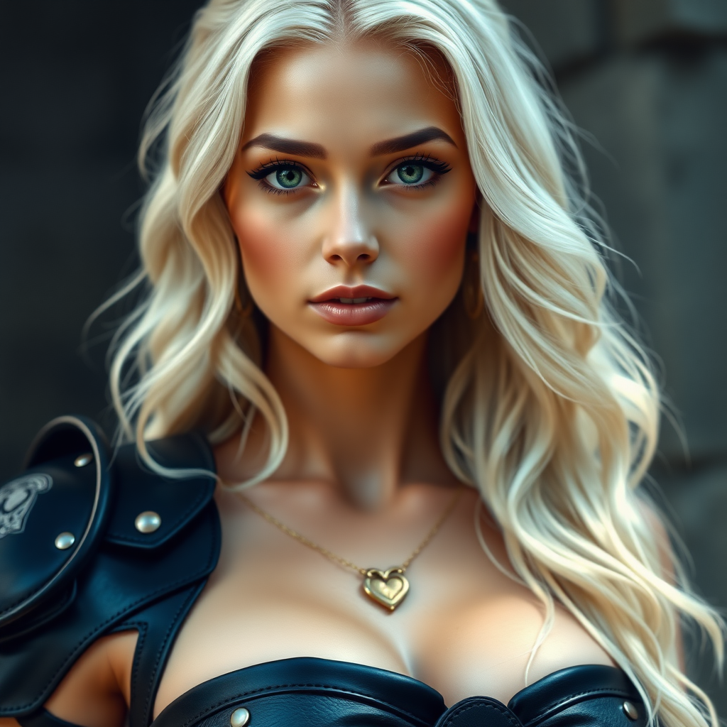 Portrait of a beautiful young woman with long wavy platinum blonde hair, green eyes, a suntan, light brown eyebrows, and large breasts. She is wearing black leather armor and a gold necklace with a small heart pendant.