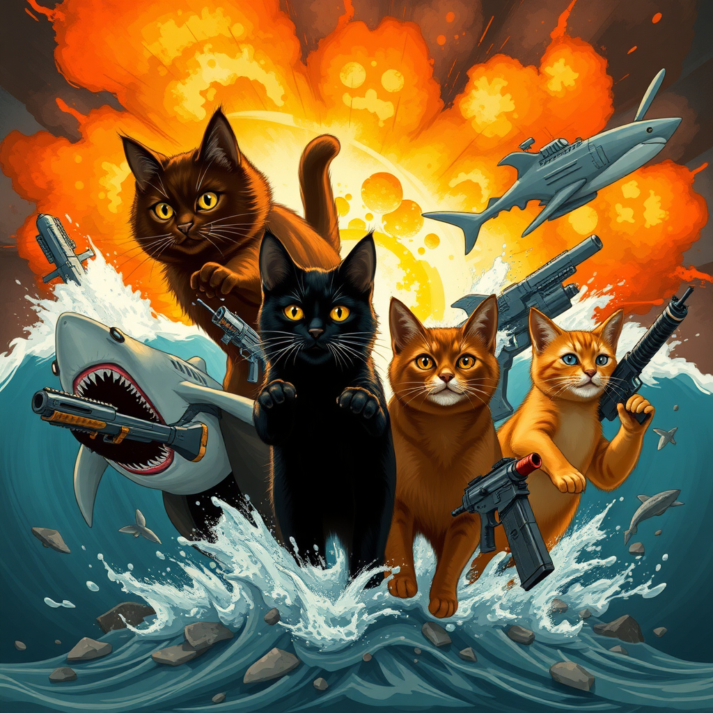 1 dark brown cat, 1 black cat, 1 brown cat, and 1 orange cat coming out of an explosion with sharks and weapons.