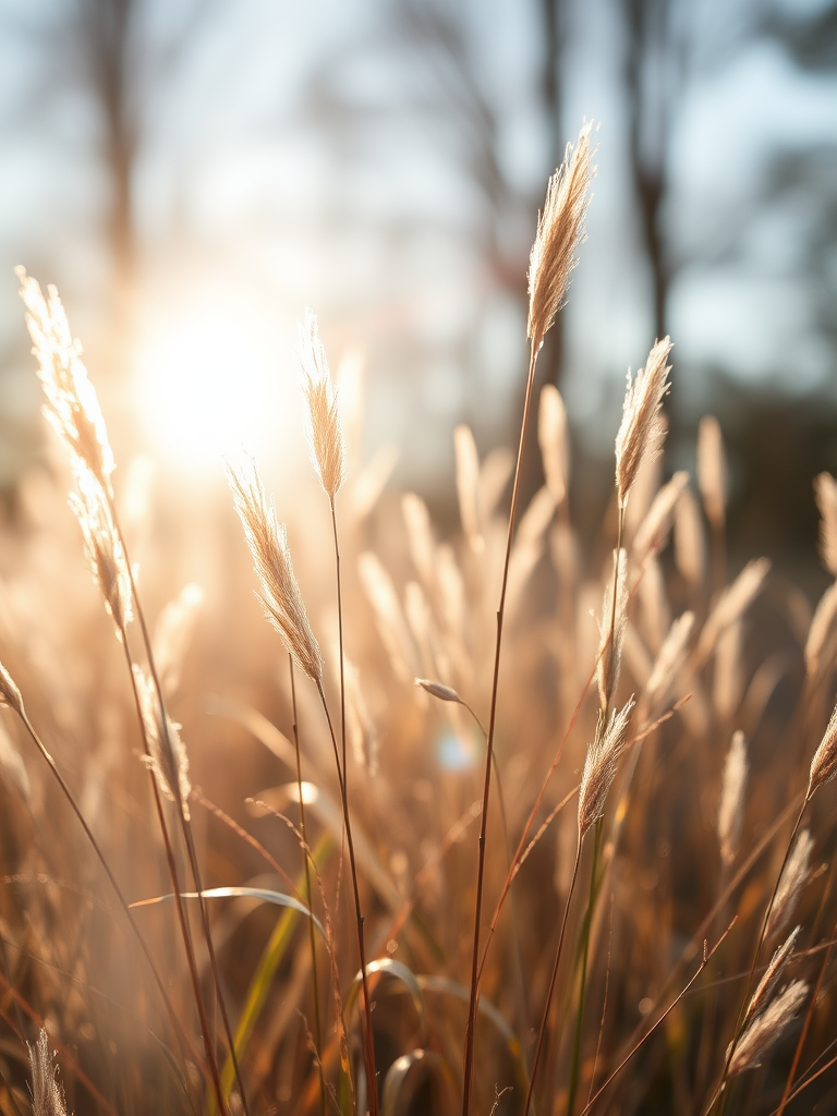 Please paint the autumn silver grass sparkling in the sunlight in backlight, with the background out of focus.