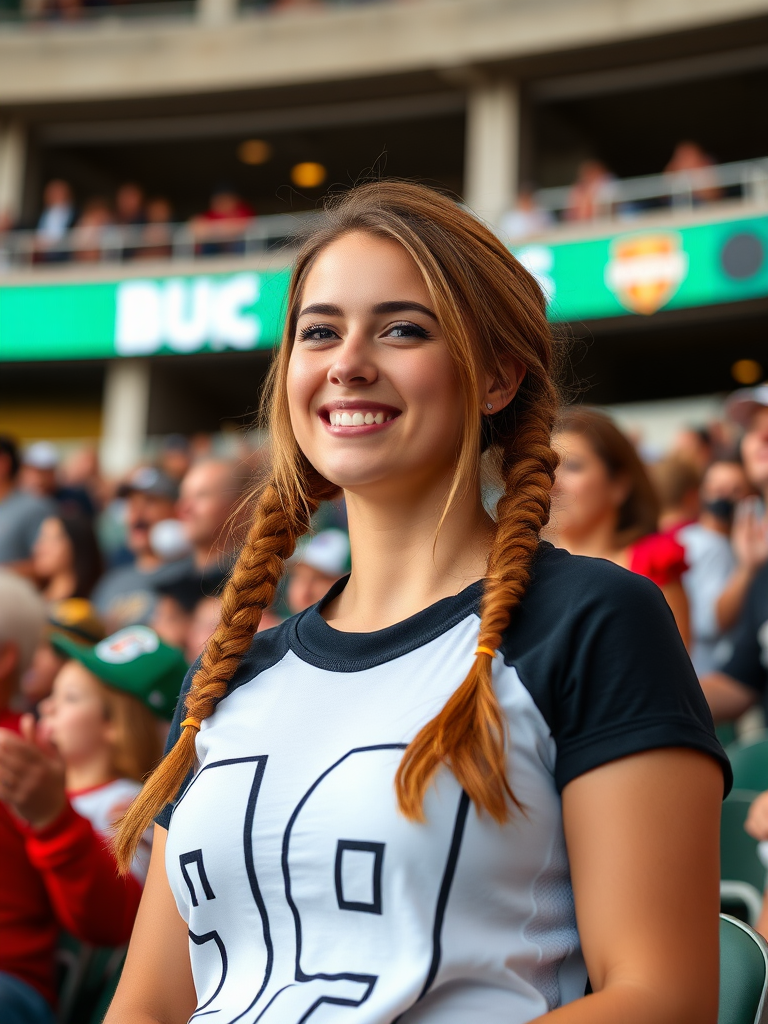 Attractive female NFL fan, pigtail hair, cheering, bleacher row