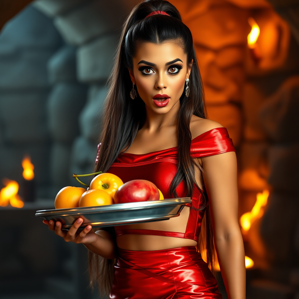 realistic photo of a surprised Arabian model with mouth open looking at the camera. She has very large eyes, black eyeshadow, black eyeliner, fake eyelashes, very tanned skin, very long hair. very high ponytail, she look likes princess jasmine, shinny red off shoulder crop top. photo realistic. She holds a metal tray with fruits just above her waist. crop top, shinny red skirt. full body view. shinny red pencil skirt. dungeon with fire torches in the background.