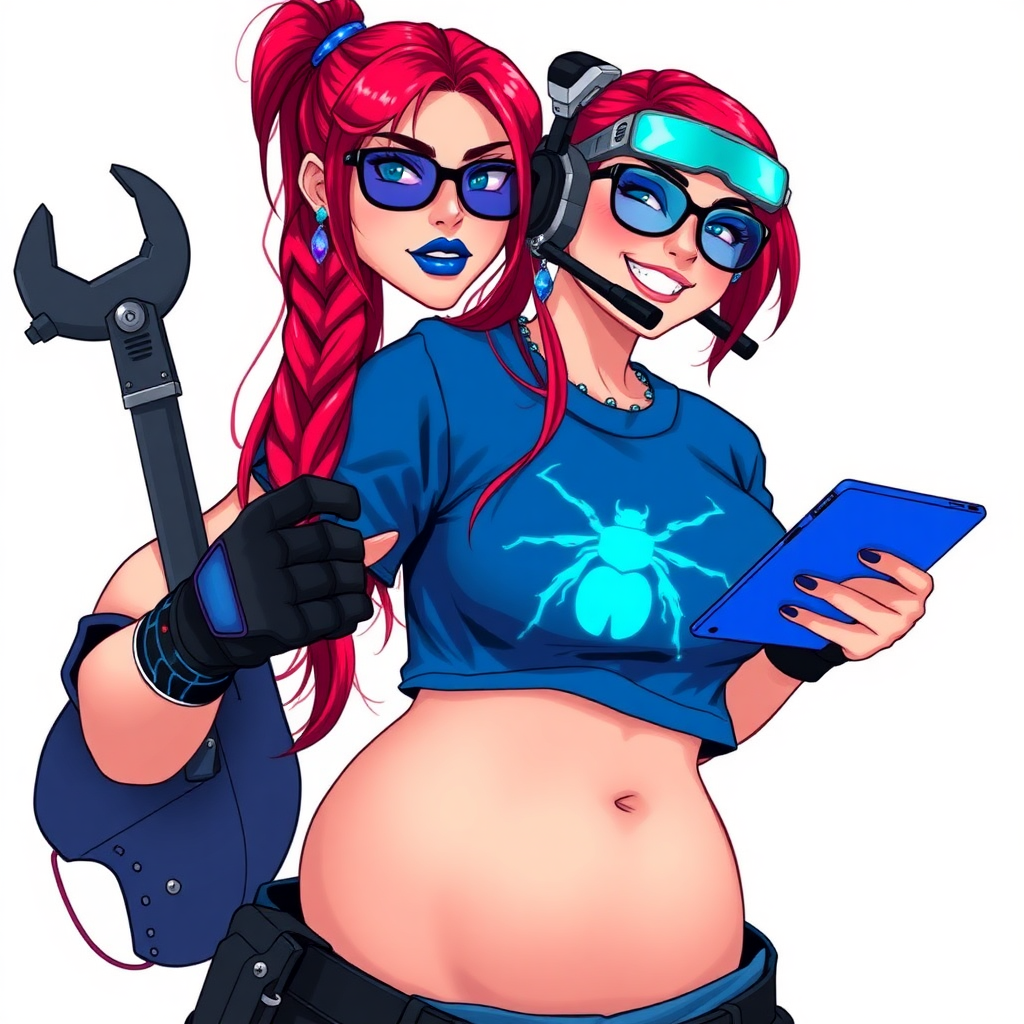 A cyberpunk vigilante’s intelligent and tech-savvy 29-year-old girlfriend, who is a computer hacker and tech genius. She has a long ruby red ponytail. She wears maximum blue lipstick, blue eyes, a sapphire beetle gemstone necklace, sapphire earrings, black eyeglasses, hi-tech power gloves, and an oversized maximum blue t-shirt featuring a neon blue glowing beetle chest icon. She has a full-figured, well-rounded physique with a large prominent midsection, reflecting her well-cared-for lifestyle. She sports a sapphire headset with a hi-tech maximum turquoise lensed HUD, and a beaming smile accentuated by a passionate neon red blush. She serves as his tech expert from his hideout, holding a futuristic tool wrench and a futuristic digital tablet. The background is solid white. She is drawn as if she was in a retro 2D cyberpunk fighting game.