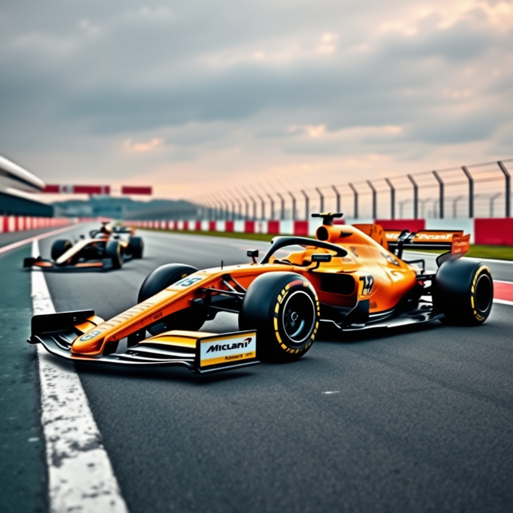 F1 MCLAREN car photoshoot in race track background from right to left