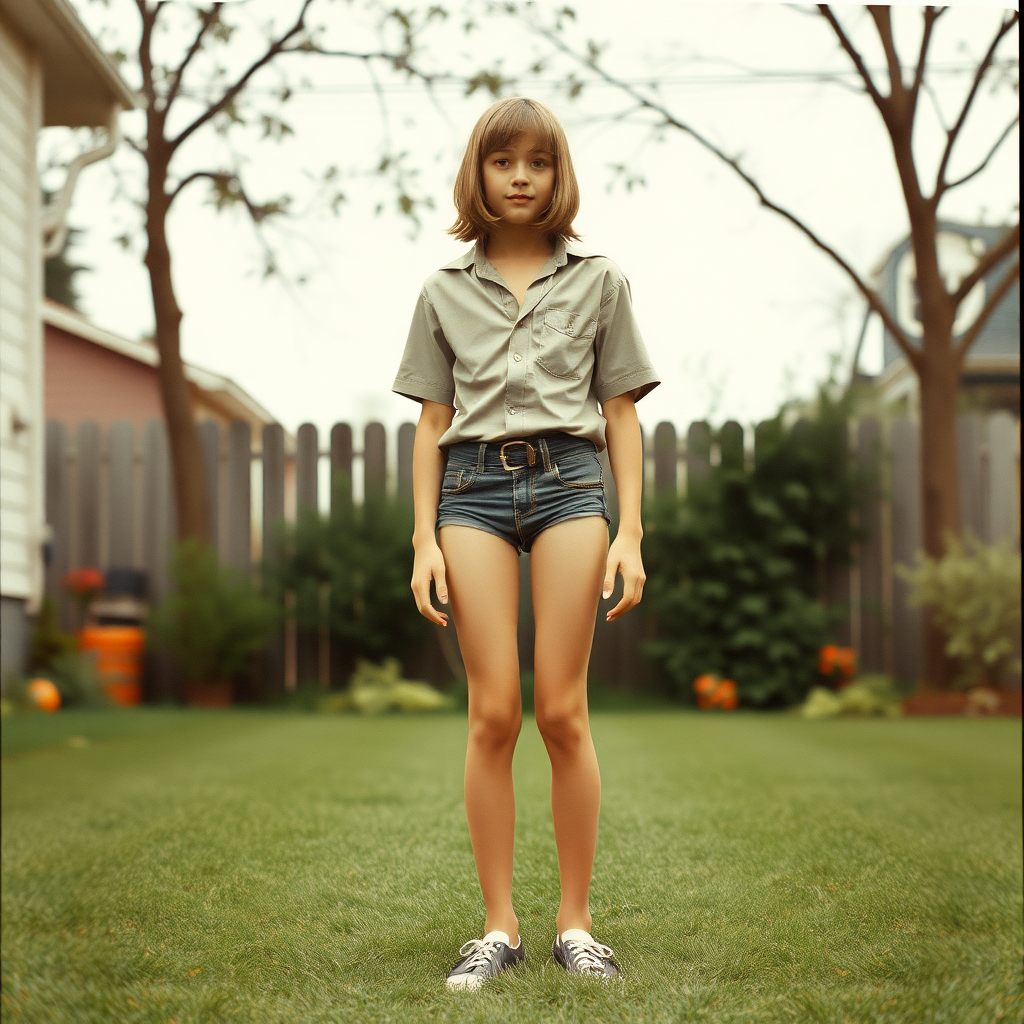 tall 14yo teen boy, long hair bob cut, wearing shirt and very tight booty shorts, long legs, narrow thighs, full-length front view. 1970s. Playing at backyard.
photorealistic, ultra high resolution, 16K,
Negative: grainy, blurry, bad anatomy, extra limbs, watermark.