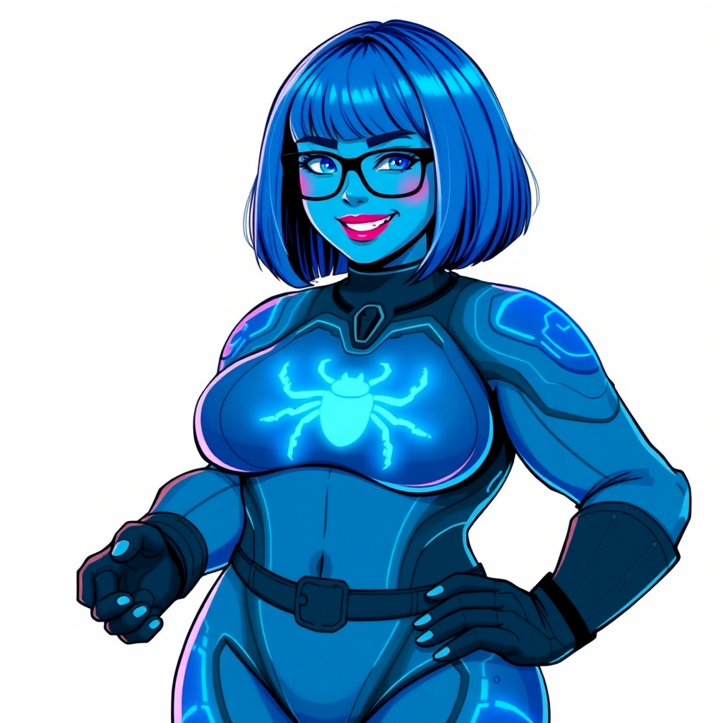 A 29-year-old computer science major, now transformed into a full-figured, nerdy digital sidekick for her cyberpunk vigilante boyfriend, with maximum blue skin. Her bob cut seamlessly blends with her skin, forming part of her data, and her neon blue eyes glow intensely. Her full figure is defined by a prominent round gargantuan midsection, sequoia-sized limbs, and broad shoulders. As a loyal and supportive sidekick, she plays a crucial role in their missions, using her digital skills to assist and protect.

She wears a digital, computerized bodysuit which blends with her hair and skin (appearing to merge together like computer data), all are colored maximum blue. The bodysuit has a glowing neon blue beetle chest icon, along with matching high-tech gloves. She bashfully giggles with a neon red blush, emitting neon blue data cubes from her body, set against a solid white background. Heavily pampered by her doting boyfriend, her full figure clearly shows this care. She has the ability to hack into computers and machines, and her nerdiness is blatantly obvious with her black oversized eyeglasses. Her full figure (especially her round gargantuan midsection) is prominently displayed and heavily emphasized. Her outfit is influenced by DC’s Jennifer Knight Phantom Lady but remains distinct. She is drawn as if she was in a retro 2D cyberpunk fighting game. Ensure her skin color is distinct from Inside Out's Sadness and any other character. Ensure her midsection is round.