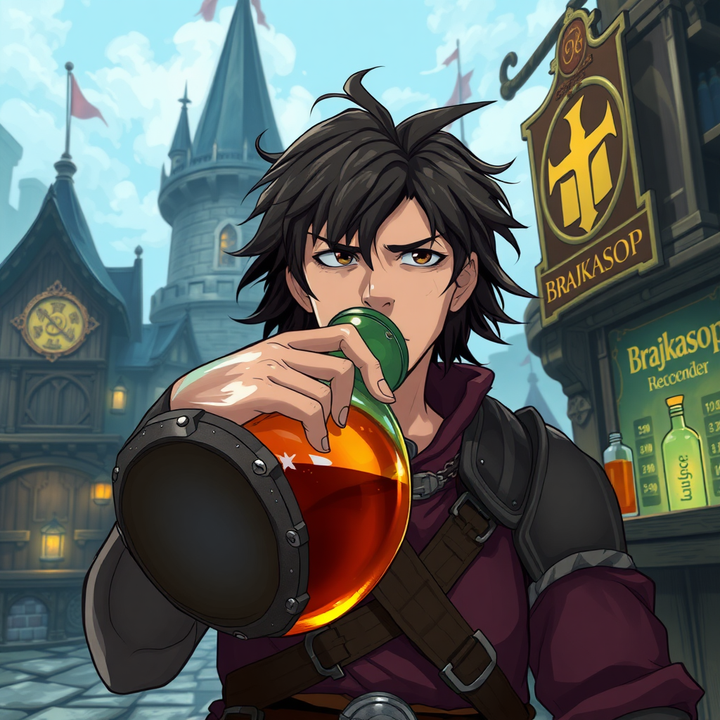 A wide distance shot of a fantasy warrior chugging a large potion from a round flask. dungeons and dragons port called waterdeep. mage tower in the background. bar with an advertisement for a drink called "Brajkaisop". messy shoulder length hair tussled by wind. anime style, record of lodoss war.