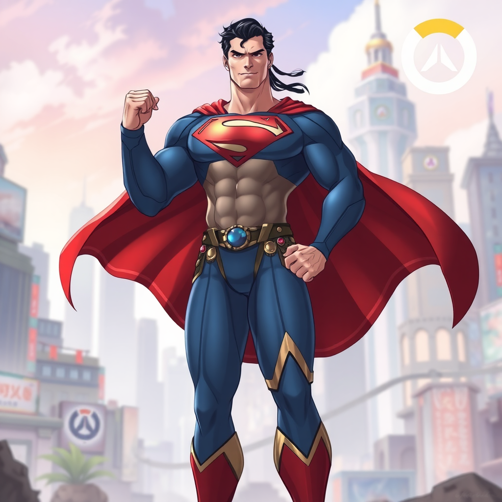 Create a full-length image of a character combining features of Superman and Mei-Ling from Overwatch. The character should have Superman's heroic pose and features, but with the body traits of Mei-Ling, focusing on a curvier torso shape. Retain Superman's core costume while incorporating embellishments and elements inspired by Mei-Ling, such as color accents or cultural motifs. The background should blend elements suitable for both characters, showcasing a vibrant cityscape with hints of Overwatch's stylized design. Aim for a dynamic and engaging composition that highlights both character influences.