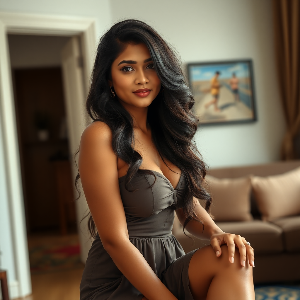 Pretty woman of Sinhalese ethnicity in her mid 20s with very long volumnized layered hair and huge breasts in a dress, knees, in an indoor scene