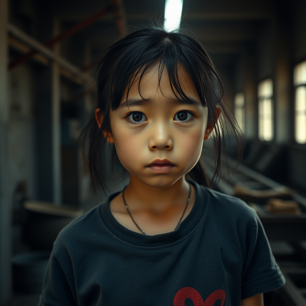 A very sad hungry Asian girl with a T-shirt in a dark old factory.