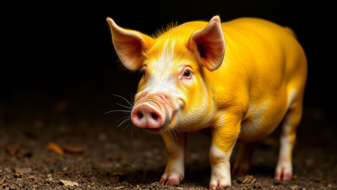 photo, red-eyes yellow pig, full body