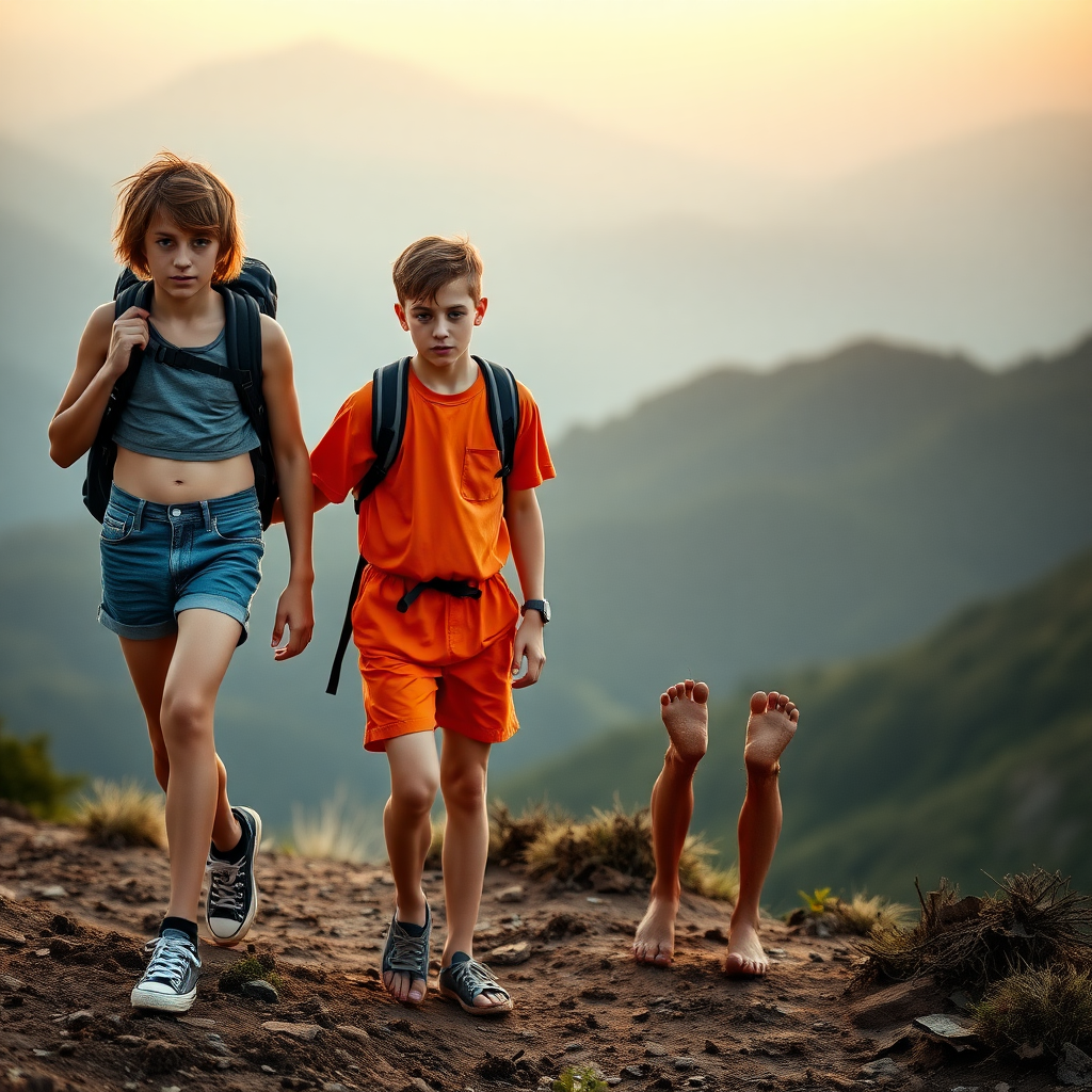 A top model 14yo teen boy, brunette, long layered haircut with a messy hair, wearing a denim tight shorts, a crop top, Black converse all star shoes, with a hiking backpack on his shoulder, he is helping another 14yo teen boy to walk back to his camp. The second boy is wearing girly short shorts orange inmate outfit, he is dirty, covered with mud, barefoot. They are walking in the mountain, at sunset. Both of the boys are looking at the camera. long legs, bare thighs.