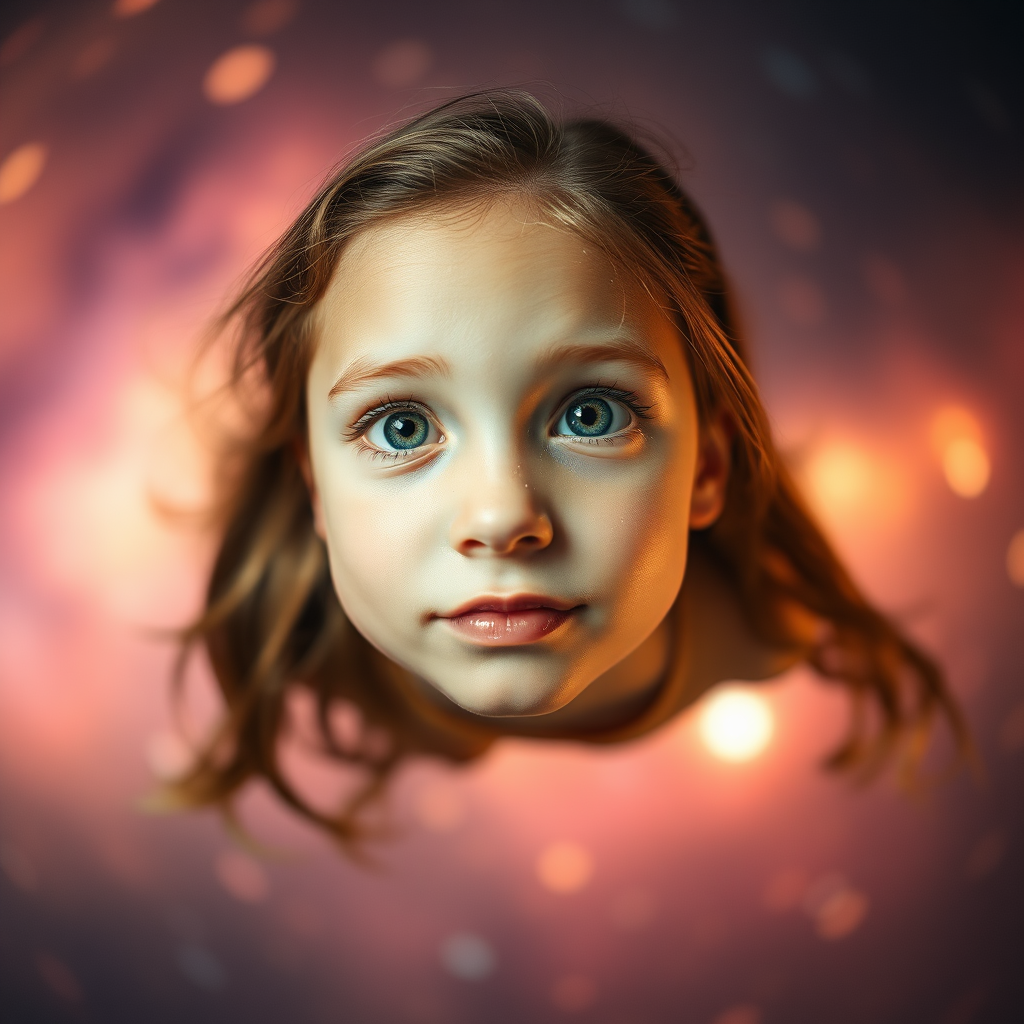 preteen girl floating in space, Low Key Lighting, dreamscape, nebula, Bokeh, abstract, brilliant colors, glittering, translucent, iridescent, natural skin, glowing, artistic photo, wide angle, cute, interesting, microscopy, airy, original, experimental, interdimensional