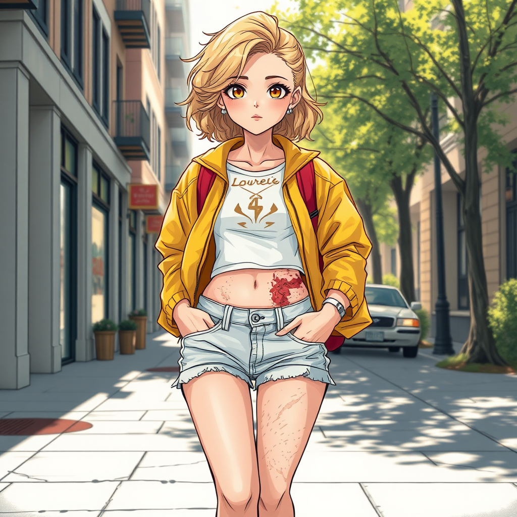 Realistic drawing style image, Extremely good quality 8k resolution drawn manga image of a 15 year old petite and short tomboy girl with golden blonde curly hair with mixed and different colored eyes for each eye and moles on her entire body and is a white American girl, Has on a Gold Jacket over a white extremely short crop top only covering her breasts and nothing more with a design on it, and has on ripped shorts and cool looking sneakers and a deep and big knife cut wound on her stomach from a huge injury she had, with a bright color backpack, ear piercings on, walking on the street to school in the morning with the beautiful sunlight lighting up her body beautifully with no tattoos.