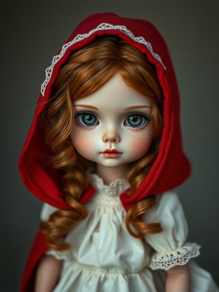 red riding hood, ooak art doll, artist doll, realistic doll, life-like porcelain doll, unique personality, stunning eyes, bisque doll, portrait photography, low key lighting, dept of field, studio photography, full body shot, lively pose