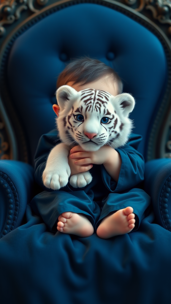 A cute small chubby fair baby big eyes pink lips pink cheeks wearing a royal dark blue frock sitting on navy blue throne holding a white fluffy cute tiger cinematic