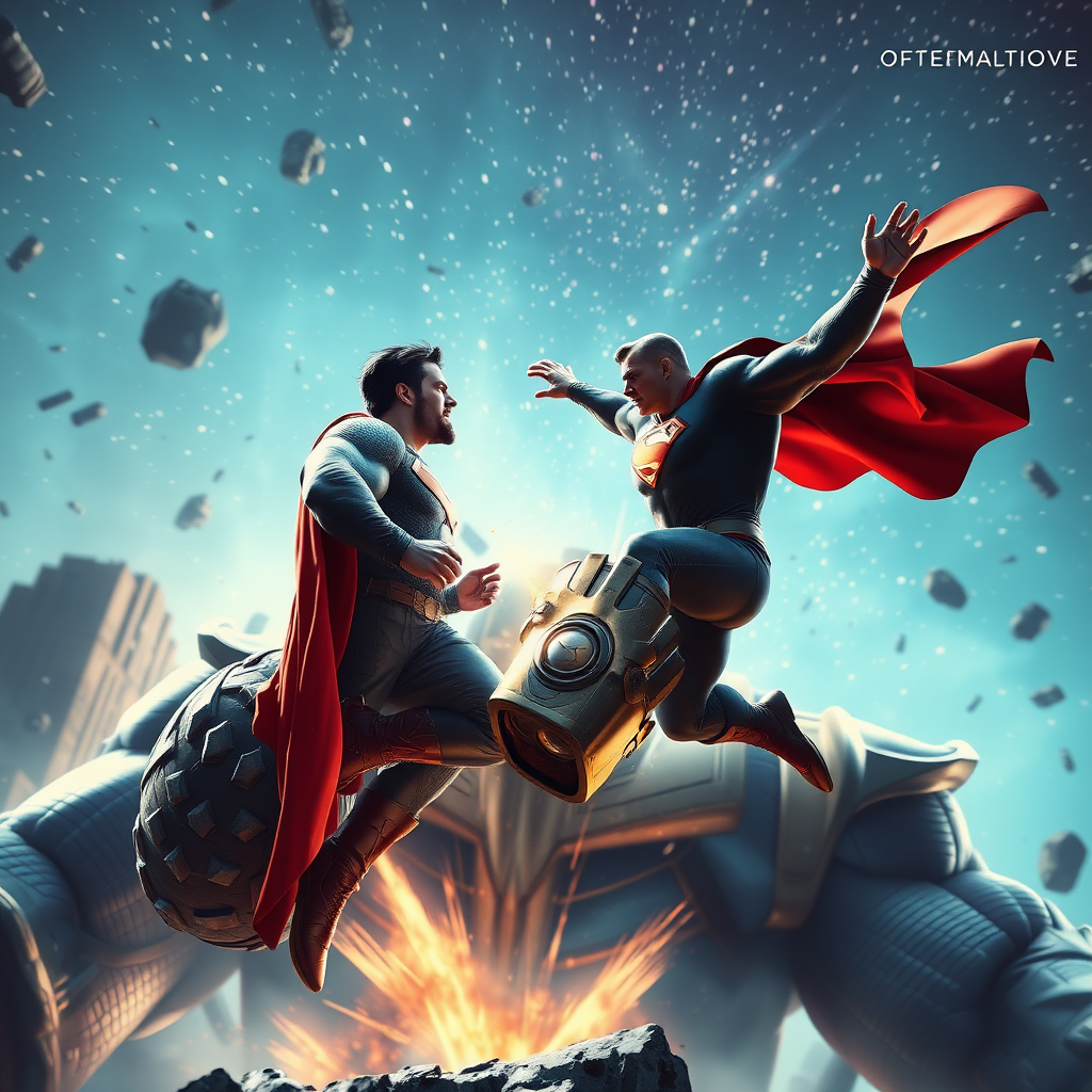 jumping out of an epic comic book cover and out of the screen is Superman Vs Thanos. Superman rips off the infinity gauntlet on Thanos's hand. Cinematic Real3d photo-realistic quality.