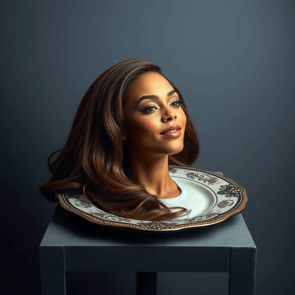 In a surreal and striking scene, the elegantly styled disembodied head of a stunningly beautiful Beyoncé rests gracefully on an ornate, luxurious plate, which is carefully placed on a simple, understated table. Her very long, flowing hair cascades like a rich waterfall of silky, rich brown locks, framing her exquisite face and accentuating her radiant, flawlessly glowing skin. The delicate contours of her chin rest lightly against the polished surface of the plate, lending an unexpected intimacy to the bizarre presentation.

The background is a muted, plain gray, casting an air of modern minimalism that contrasts dramatically with the lavishness of her appearance. Soft shadows play across her features, highlighting the subtle high cheekbones and perfectly shaped lips, which seem poised for a soft smile. The atmosphere feels both elegant and eerie, inviting intrigue and contemplation as viewers are drawn into this surreal artistic tableau, where beauty and the absurd collide in unexpected harmony.