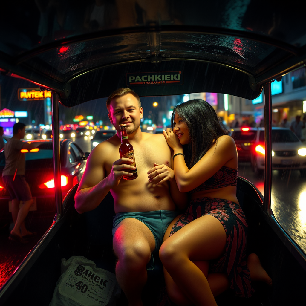 Patong Beach in Phuket, Thailand, car lights, neon lights, two white men, two Thai women, heavy rain, severe traffic congestion, inside a tuk-tuk, one woman holding a bottle of alcohol straddles a naked man, while another woman clings tightly to another man, both unafraid of the gazes of others, engaging in acts resembling love. lighting, rainy days, rain, Cinematic Lighting, available light.