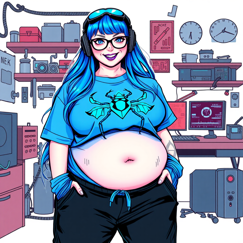 A cyberpunk vigilante's 28-year-old computer science major nerdy, full figured, heavily pampered computer hacker and tech-wiz girlfriend with long, maximum blue hair. She wears maximum blue lipstick and has bright blue eyes. Her outfit includes an oversized, maximum blue t-shirt (accentuating her gargantuan midsection) featuring a maximum blue gemstone beetle chest emblem. She sports black eyeglasses, black sweatpants, a sapphire headset with a maximum blue lensed HUD, with a beaming smile and neon red blush. Her full figure reflects the doting care of her vigilante boyfriend. As her boyfriend's tech-wiz, she primarily works in his hideout, operating from her workbench and her computer desk. The background is solid white. She has a prominent, round, gargantuan midsection. Her midsection is bloated to emphasize her full figure. She is drawn as if she was in a retro 2D cyberpunk fighting game.