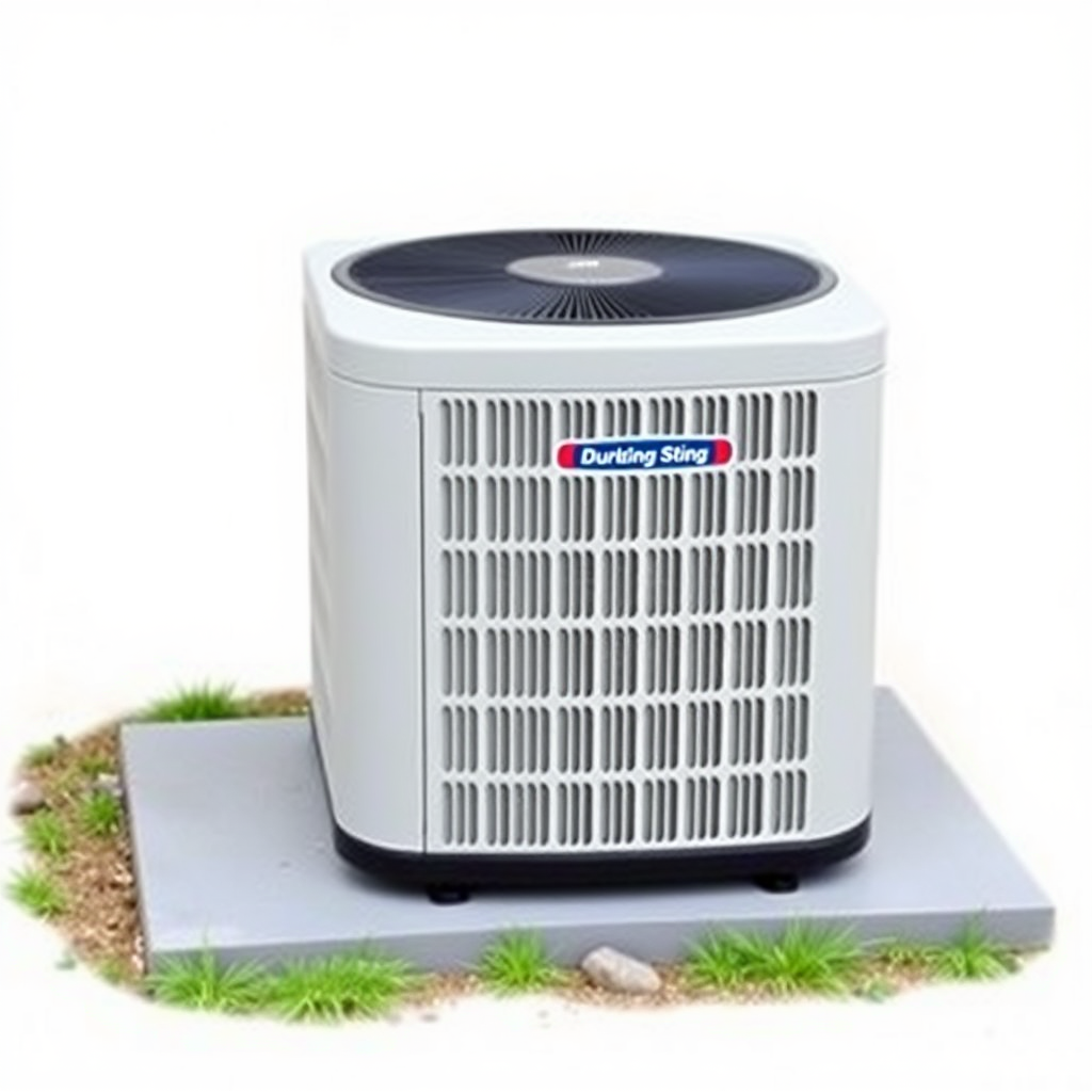 A simple, realistic image of a standard residential outdoor air conditioning unit or condenser. The unit should be placed on a flat surface, such as a concrete pad, and surrounded by some basic landscaping elements like grass, small shrubs, or rocks. The unit should be a neutral color like white, beige, or gray. The image should have a plain, uncluttered background to serve as a generic stock photo.