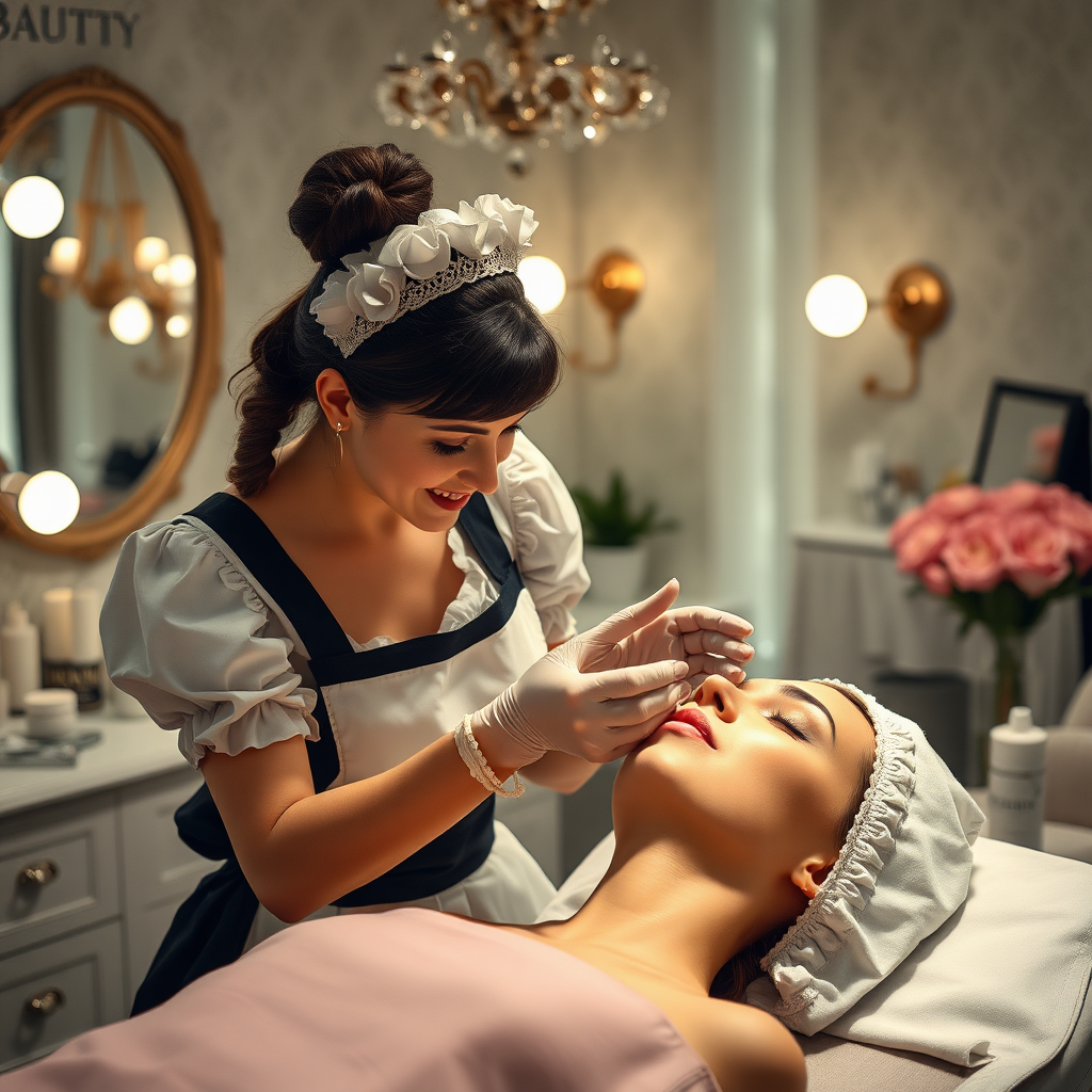 female french maid working in beauty parlour, giving facial to her clients