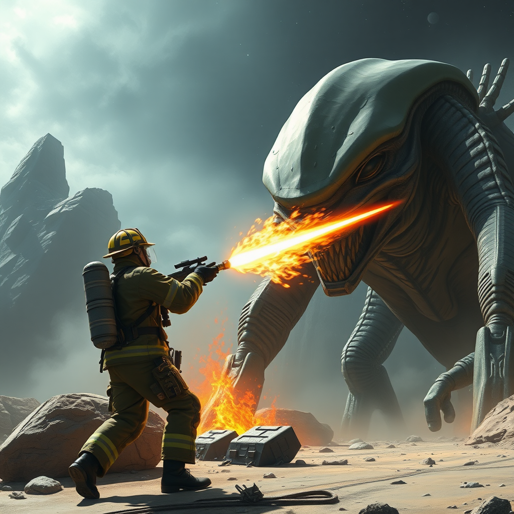 A fireman fighting a giant alien in a Star Wars-like setting