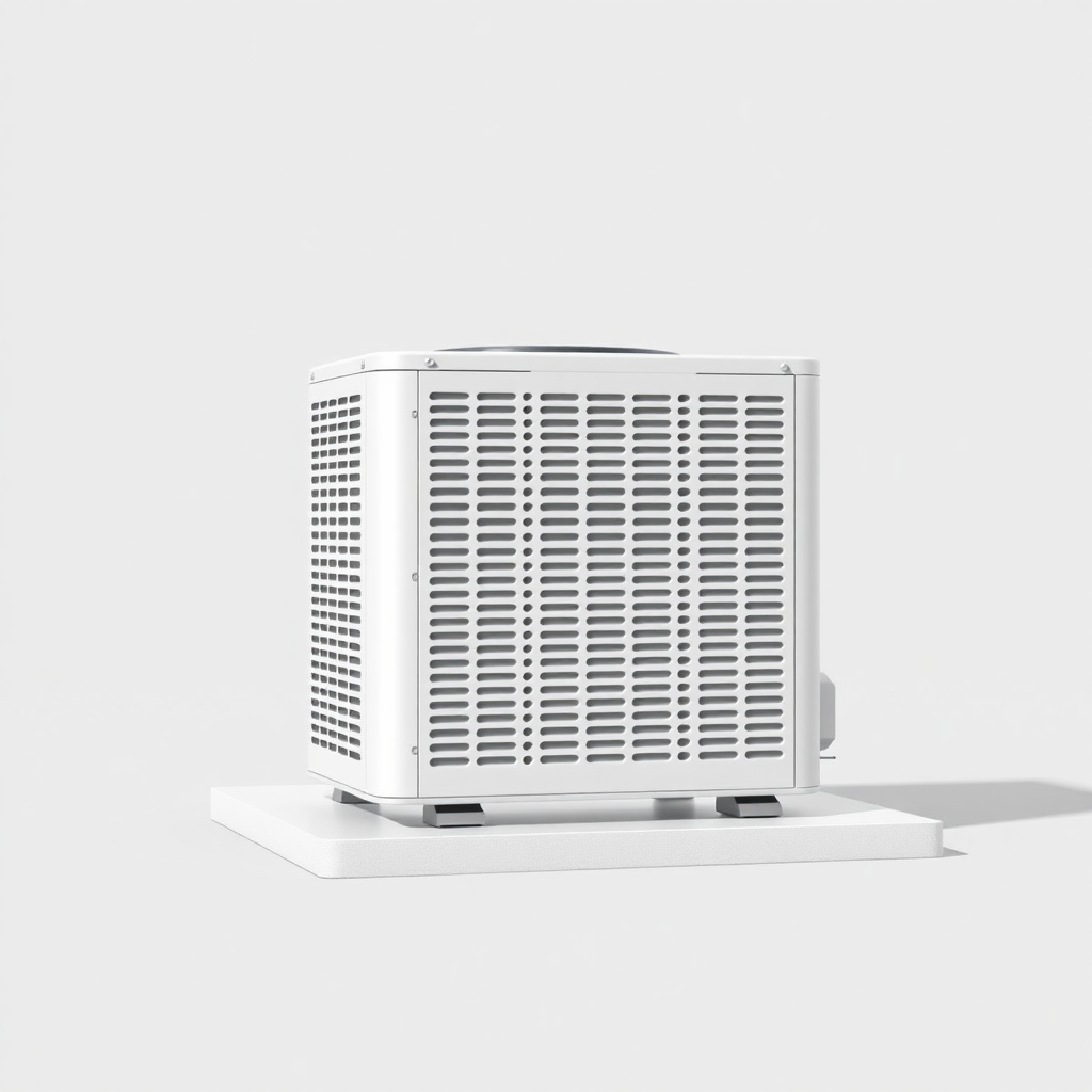 A simple, 3D model of a standard residential outdoor air conditioning unit or condenser. The unit should be placed on a flat surface. The unit should be a neutral color. Plain, uncluttered background. No text.