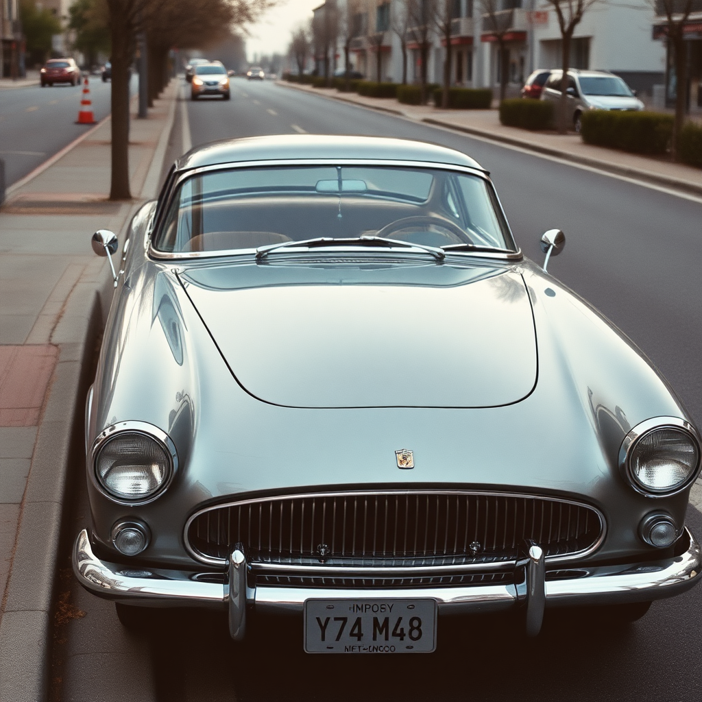 metallic shine classic car is parked on the side of the road, inspired by Taiyō Matsumoto, tumblr, restomod, nd4, c4