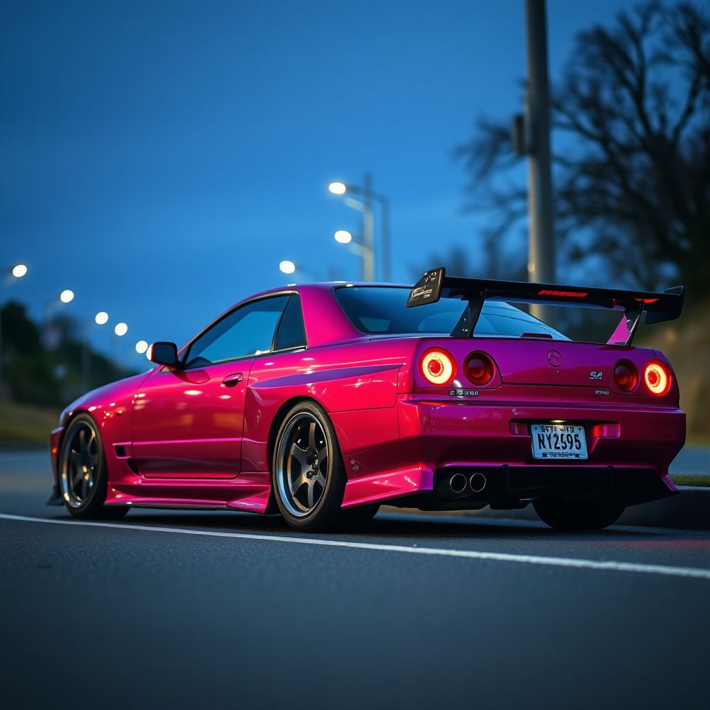 the car is parked on the side of the road, inspired by Taiyō Matsumoto, tumblr, restomod, nd4, c4 metallic shine nissan skyline r34