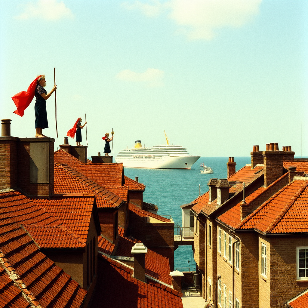 highly detailed Kodachrome color surreal real photograph from 1974 of Sirens on the rooftops wailing  
But there's no ship sailing  
Groucho, with his movies trailing  
Stands alone with his punchline failing