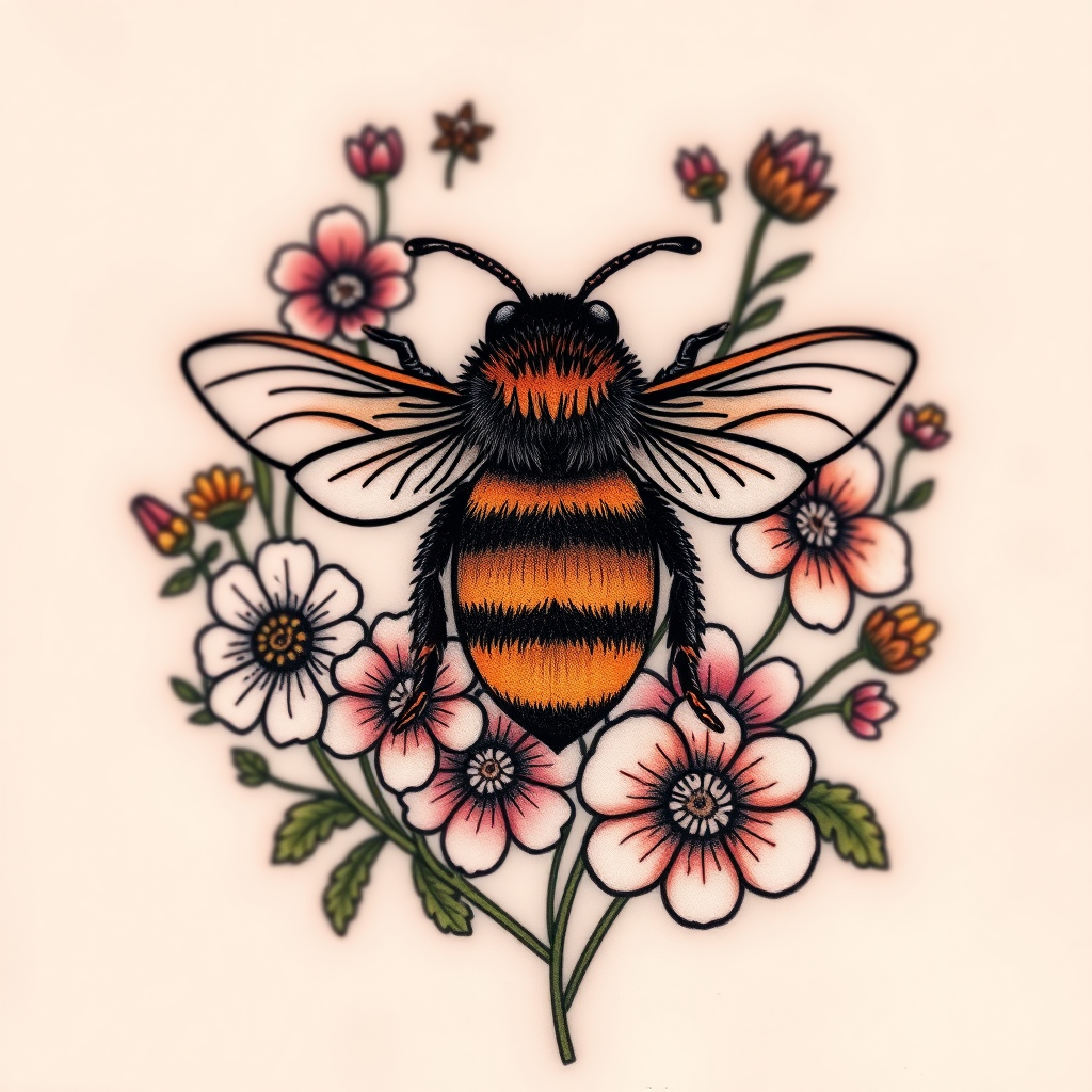 A tattoo design of a bumble bee with a large number of wild flowers around it.