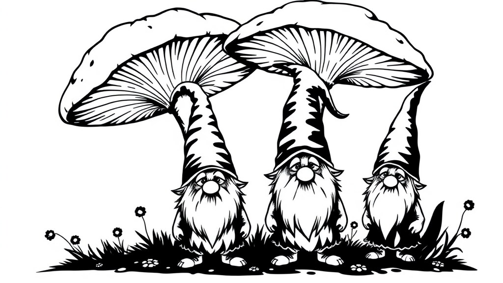 2 happy dark fantasy Gnomes standing under giant mushrooms. Black and White - no gradients or greys. Vector style, isolated on white