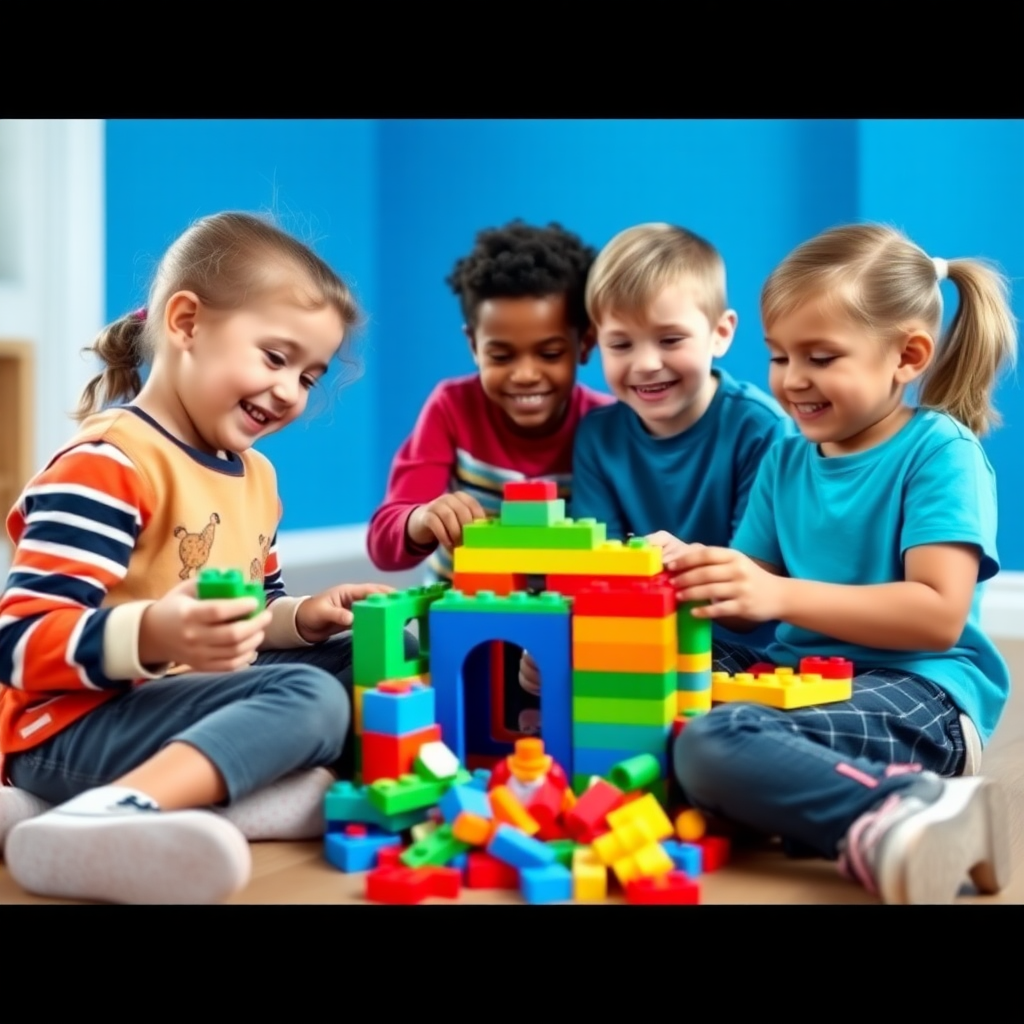 A group of 5 children playing toy building blocks, all from different races and continents, age 10, and the room in which they are playing should have blue color walls.