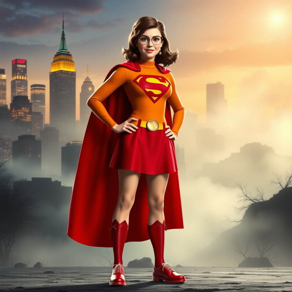 Create a full-length rendered image of a hybrid character combining Velma Dinkley’s features and Superman’s body type. The character wears Velma's classic orange turtleneck and red skirt, complemented by Superman’s iconic cape and emblem. Set the background in a vibrant blend of the Mystery Inc. world and Metropolis, showcasing a bustling city skyline alongside a spooky, fog-laden landscape. The lighting is dynamic, highlighting the character's confident stance as they stand heroically, ready to solve mysteries or save the day. Capture a sense of adventure and whimsy in this unique crossover.