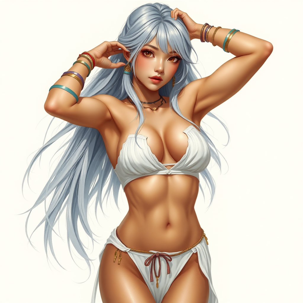 Girl, toned and muscular and has abs. silvery flowing hair. Her fingers and toenails are painted sky-blue. Her attire consists of a white primitive scant revealing two-piece bikini-like outfit with pale red, sky-blue, gold and purple bands on her neck, arms, wrists, shins, and ankles. Asian face. Sexy exaggerated pose. Hands behind head, exposing armpits. fantasy painting high contrast, well-drawn, highly detailed, and beautiful rendering.