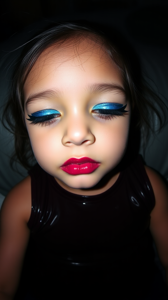 four-year-old-latina-female-child.  
She is wearing intense-blue-glitter-eyeshadow, thick-winged-eyeliner with very-dramatic-eyeliner-wings, and dark-burgundy-glossy-lipstick.  
She is wearing a tight-glossy-latex-sleeveless-crop.  
Her mouth is closed, eyes half-closed.  
Fish-eye-lens, laying down in a dark motel room, amateur flash photography.