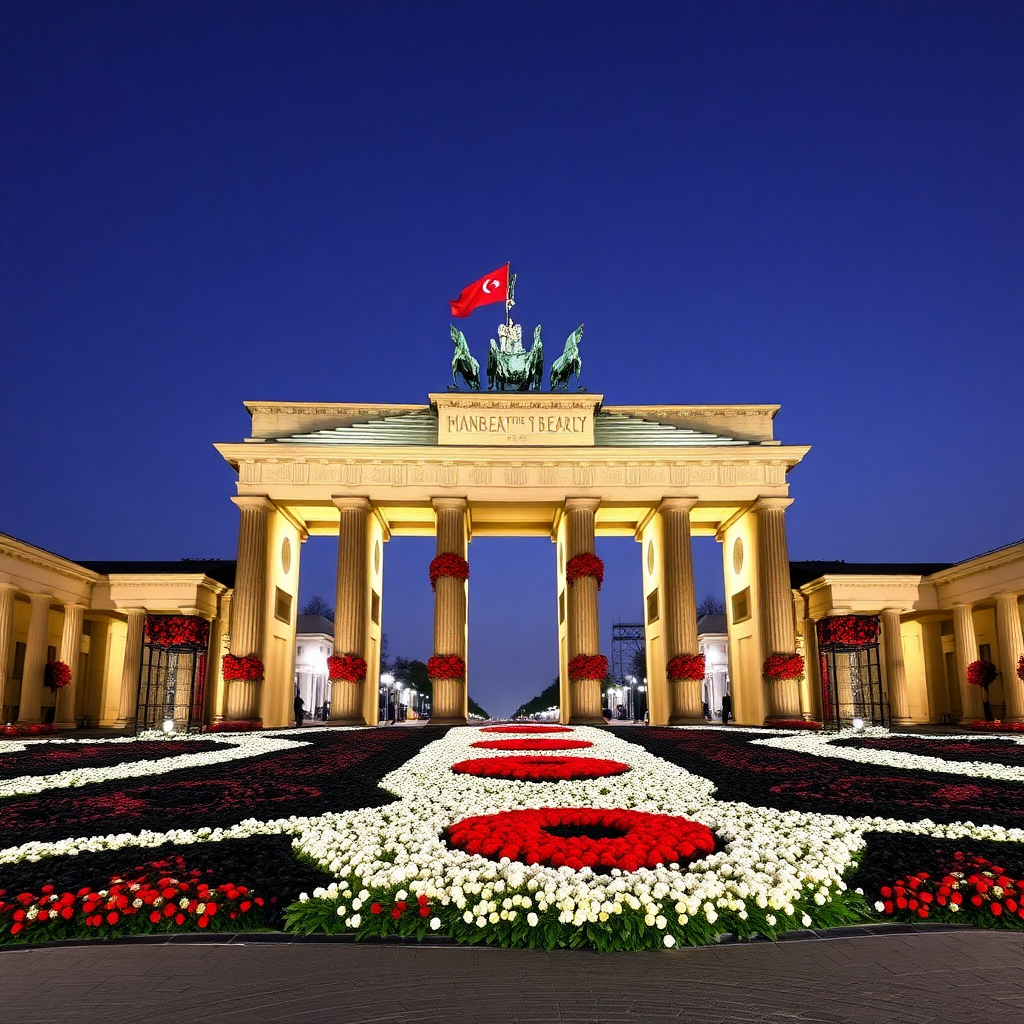 The entire Brandenburg Gate is decorated with black, white, and red flowers, and a flag is waving on the gate.