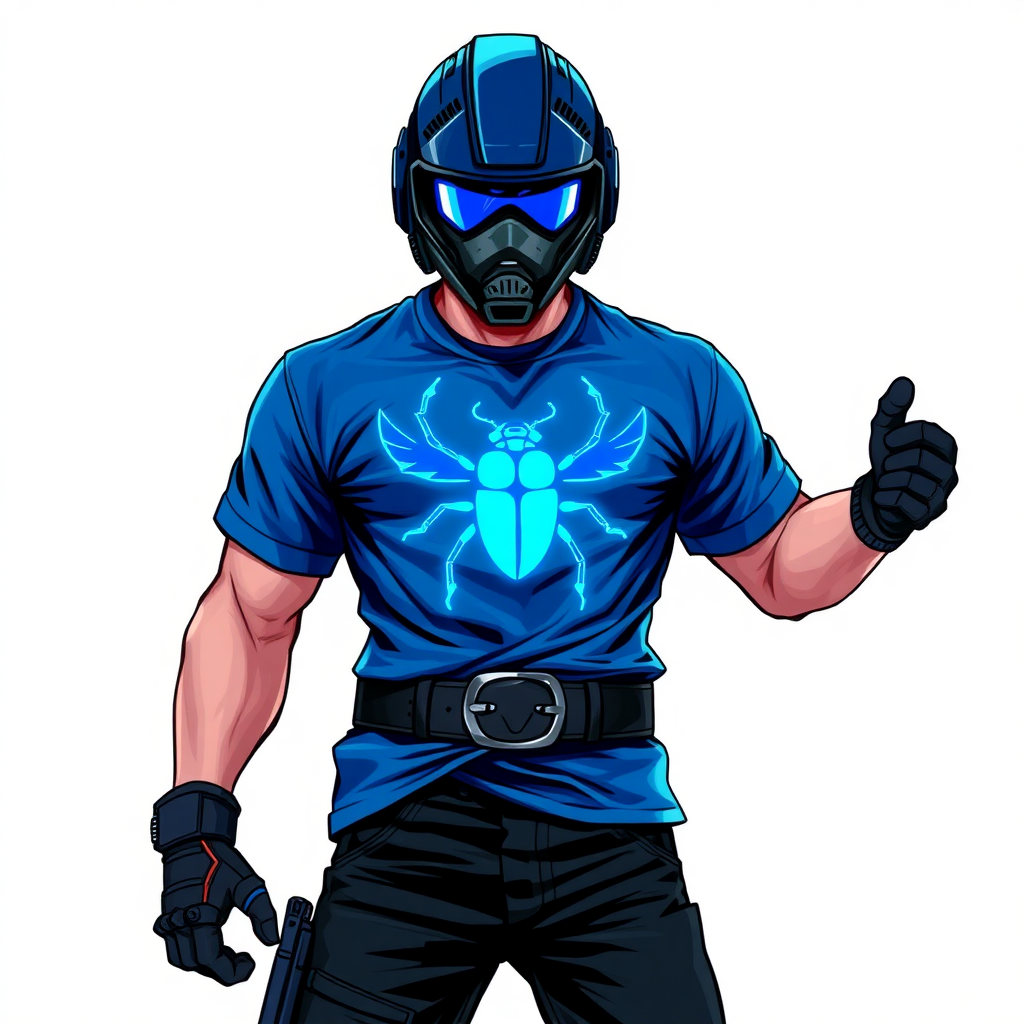 A 28-year-old cyberpunk vigilante stands heroically, clad in a maximum blue biker shirt featuring a neon blue glowing beetle on the chest. They wear black biker pants, a black belt with a sapphire beetle buckle, and a helmet resembling a sleek, tactical design, but colored maximum blue with neon blue glowing lenses. Their hands are protected by black metal gloves, all set against a solid white background. He is drawn as if he was in a retro 2D cyberpunk fighting game.