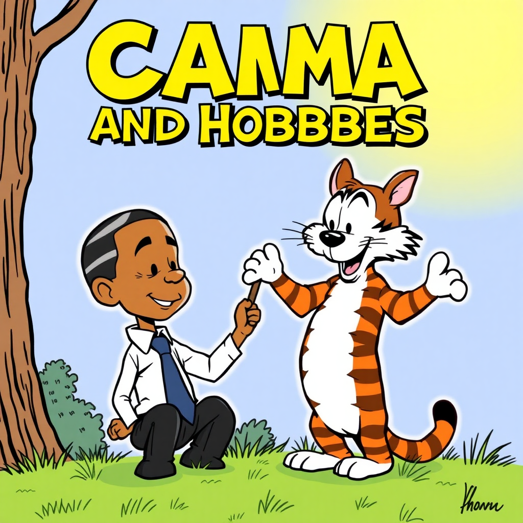 Create a comic book cover in the style of Calvin and Hobbes comics by Bill Watterson, featuring president Obama as Calvin and also Hobbes with the title Obama and Hobbes.