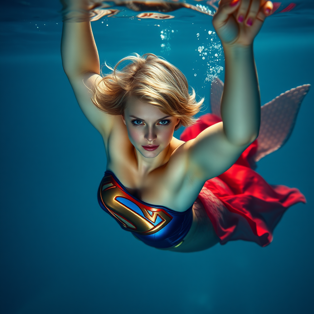 Supergirl as a mermaid. She's floating underwater with arms up. She's looking intensely at the viewer of the photo. The eye contact is palpable and mystical. Her short hair floats like a beautiful nimbus around her head and her shiny scaled tail is curled beside her. Gossamer Diaphanous. HD DSLR Photo