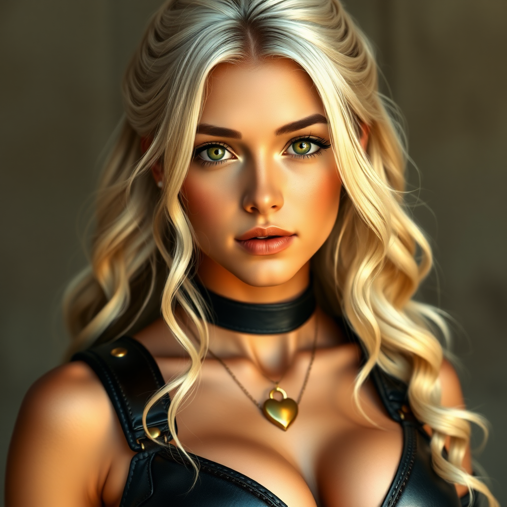 Portrait of a beautiful young woman with long wavy platinum blonde hair, green eyes, a suntan, light brown eyebrows, and large breasts. She is wearing black leather armor and a gold necklace with a small heart pendant.