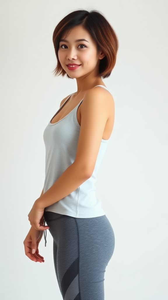 A beautiful Chinese woman, short hair, curvy figure, small chest, wearing yoga pants and a tank top.