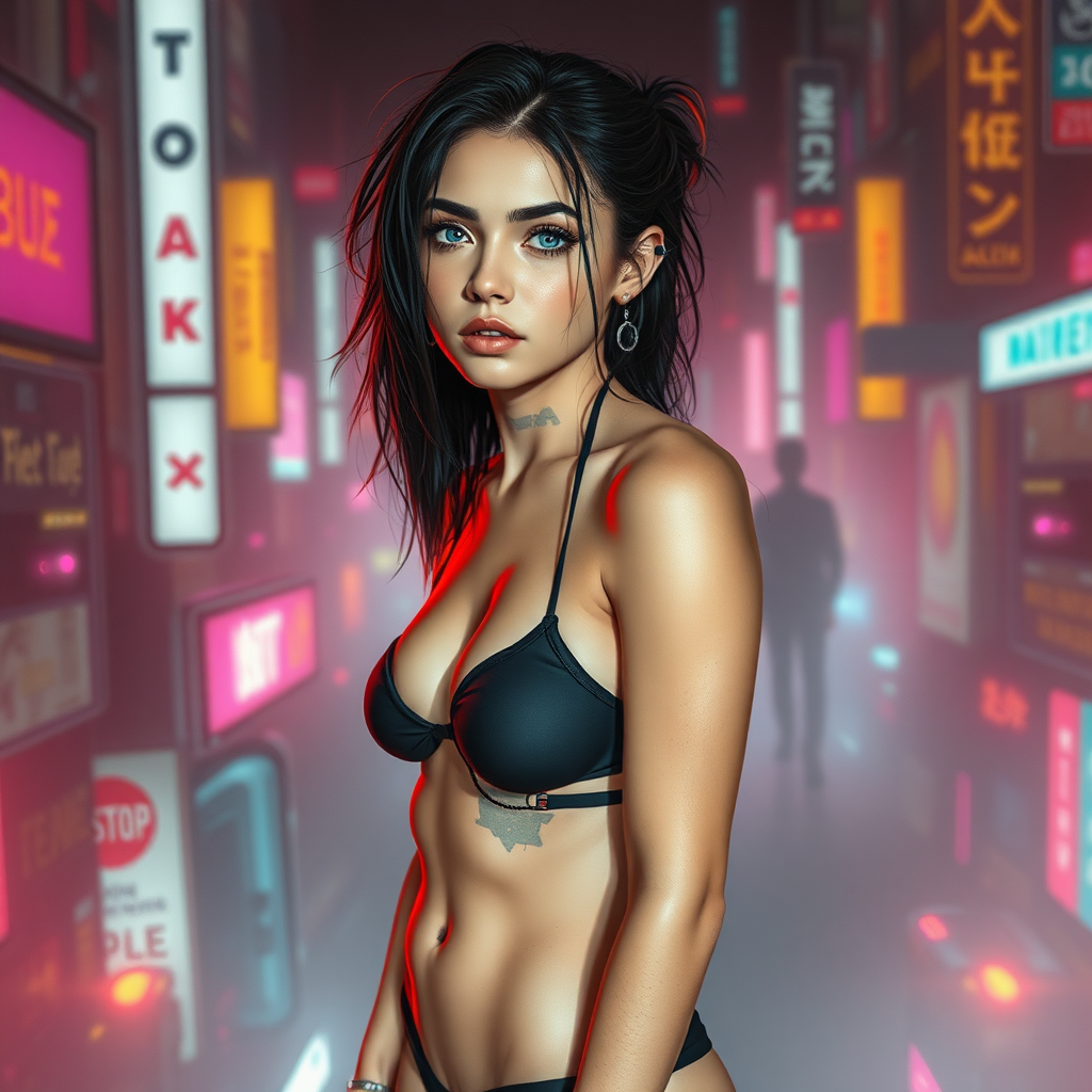 A nearly naked girl in a cyberpunk world