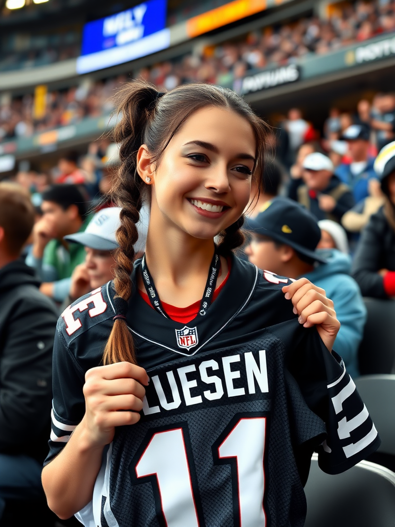 Attractive female NFL fan, pigtail hair, enthusiastic, at crowded bleacher row, holding a spare jersey, asking for an autograph on the jersey, NFL stadium