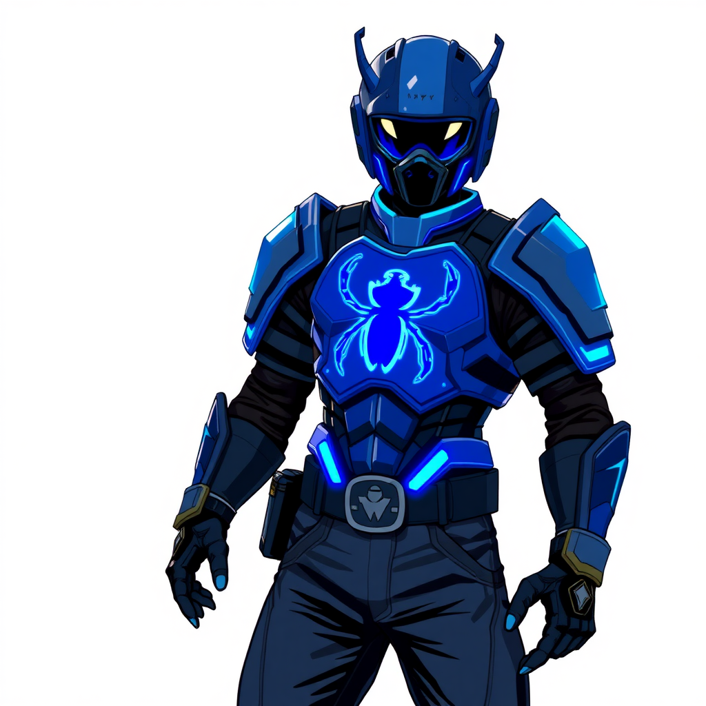 A young adult cyberpunk vigilante stands heroically, clad in high-tech, maximum blue body armor featuring a neon blue glowing beetle on the chest. They wear black biker pants, a black belt with a sapphire beetle buckle, and a helmet resembling Red Hood Jason Todd’s, but colored maximum blue with neon blue glowing lenses. Their hands are protected by black metal gloves, all set against a solid white background. He is drawn as if he was in a retro 2D cyberpunk fighting game.